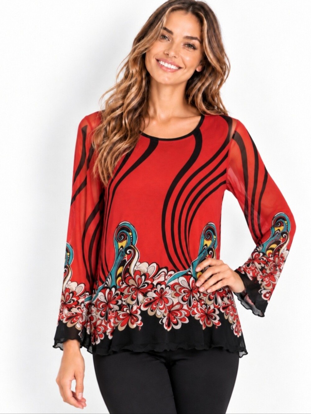 Women's Red Floral Wave Long-Sleeve Blouse
